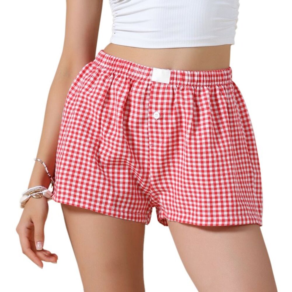 Women Summer Comfy Breathable Gingham Buttons Shorts Red